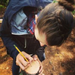 Biologist Eva Dwyer counting rings on a balsam fir